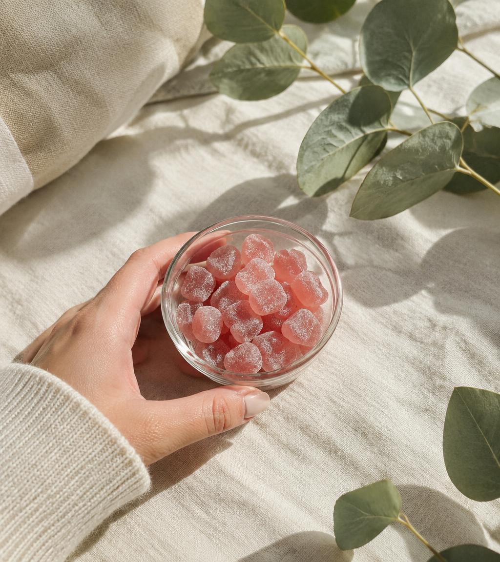 Hand holding a bowl of Vita Reboot skin wellness gummies beside eucalyptus
